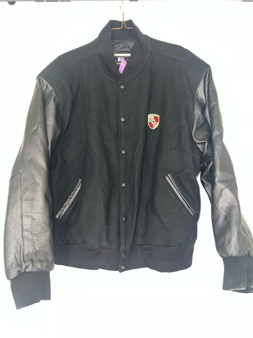 Vintage Porsche bomber jacket. Black wool body, leather sleeves. Men’s XL